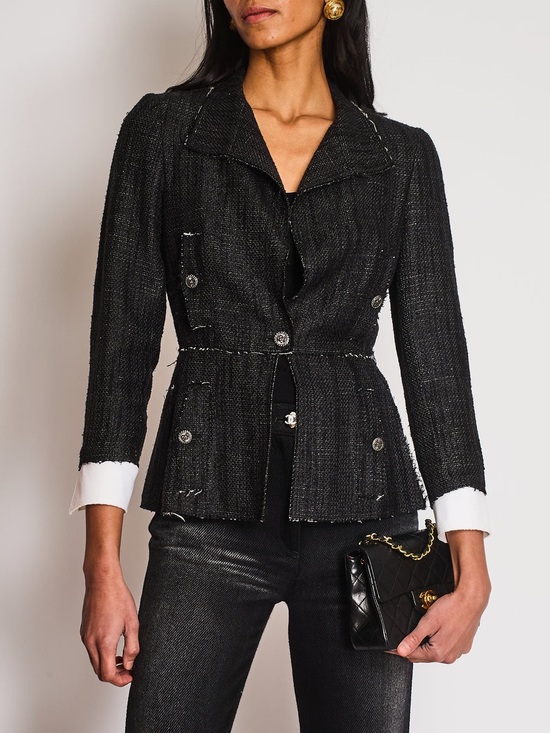 CHANEL Jackets & Blazers - CHANEL 07/P BLACK SILK WEAVED SINGLE BREASTED JACKET WITH DETACHABLE CUFF DETAIL